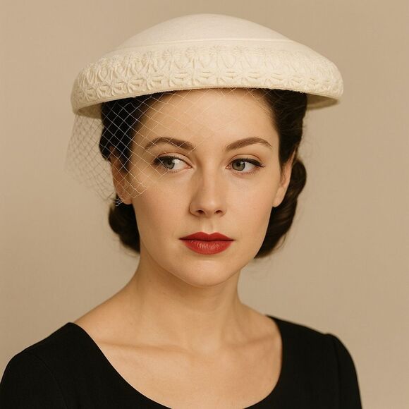 Vintage 1950s Ivory Mushroom Hat Daisy Lace Trim & Net Veil Bridal Cocktail - Picture 14 of 14